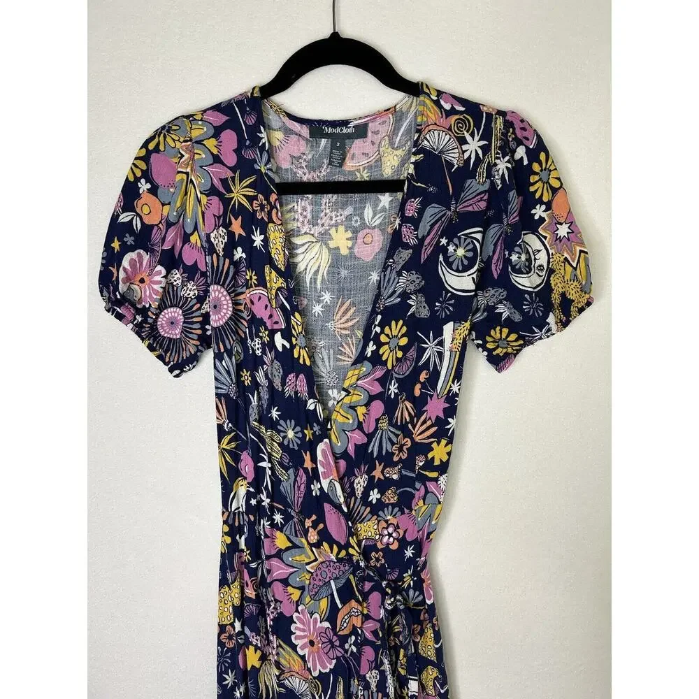 Modcloth Faux Wrap Midi Dress Size 2 Kaleidoscopic Dreamscape Moons Floral Print - Picture 3 of 6